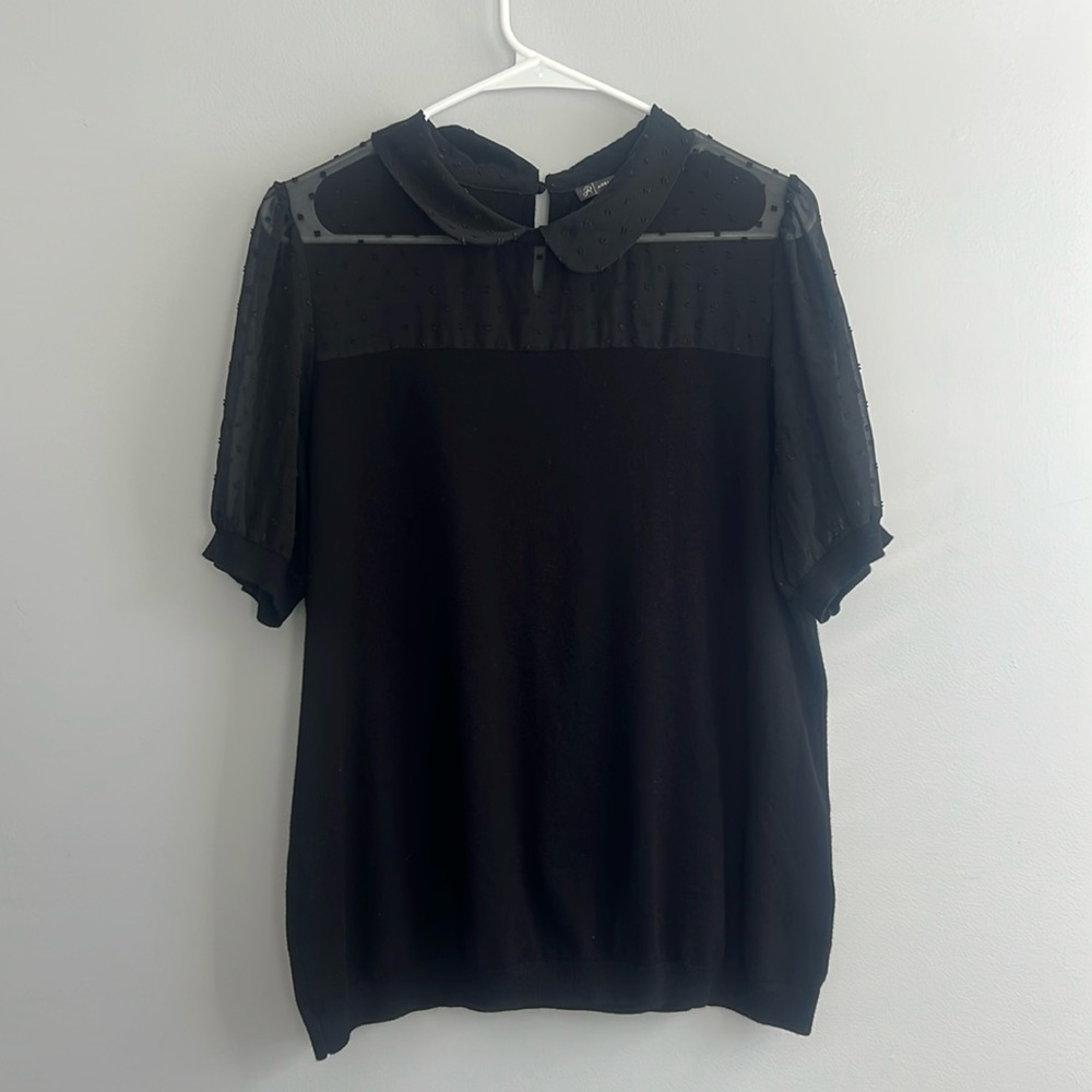 Black Collared Adrianna Papell Top with Sheer Detail, XL